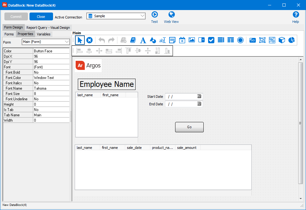 The DataBlock Designer when creating or editing a form.